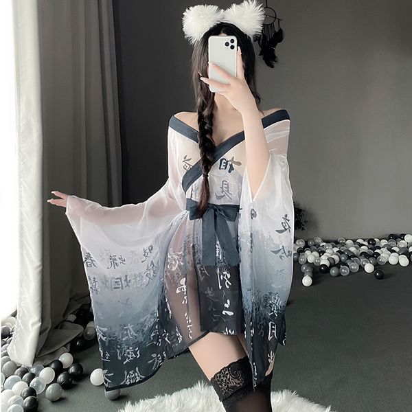 

pyjamas japanese kimono women lingerie see through mesh nightgown bathrobe pajama temptation nightwear robes cosplay costume 230313, Red;black