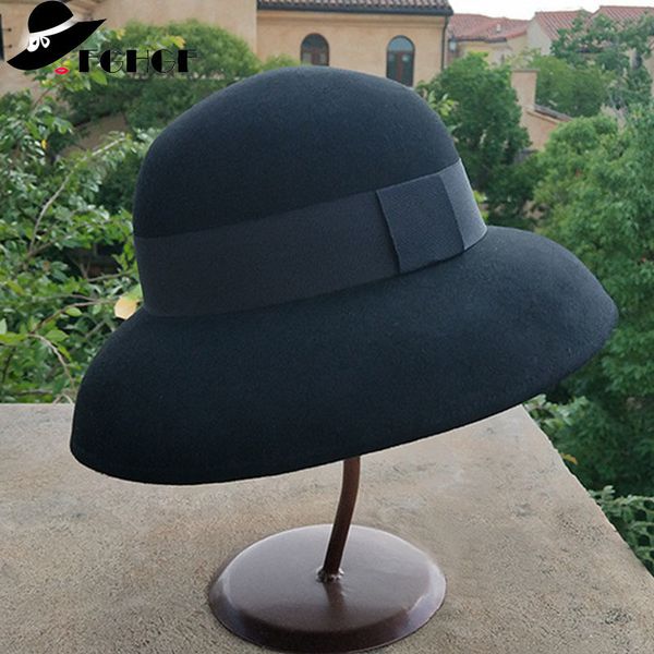 

stingy brim hats crushable dress fedora women vintage style hat 100% pure wool felt hat black grey wide brim fedora hat with simple band 230, Blue;gray