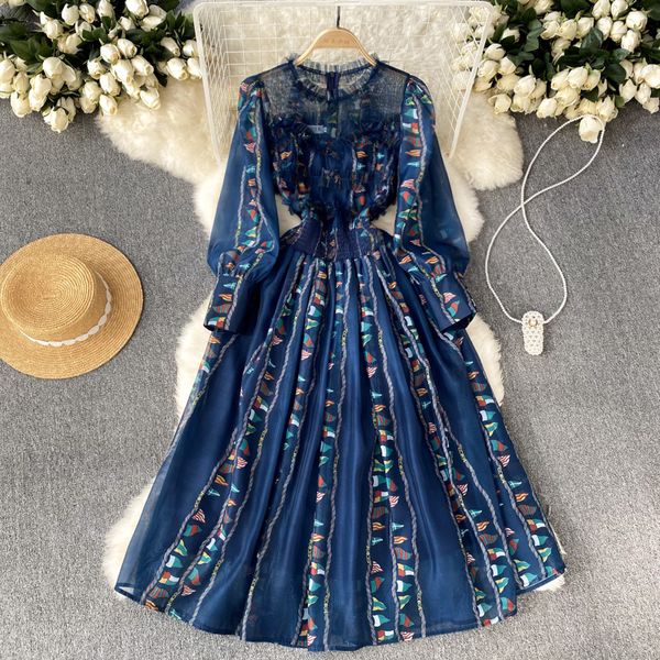 

spring new french floral dress temperament goddess style high waist large hem bubble sleeve print long skirt, Black;gray