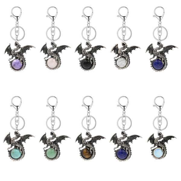

wholesale key ring natural gemstone crystal lips wing dragon pendant stainless steel kaychain, Slivery;golden