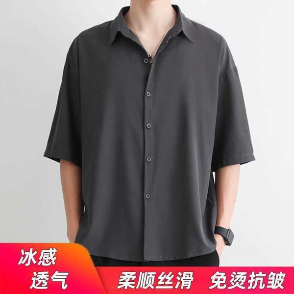 

t-shirts men's cuban collar summer men's short-sleeved shirt, ice and silk, supple, ruffian and handsome, korean casual loose and, White;black