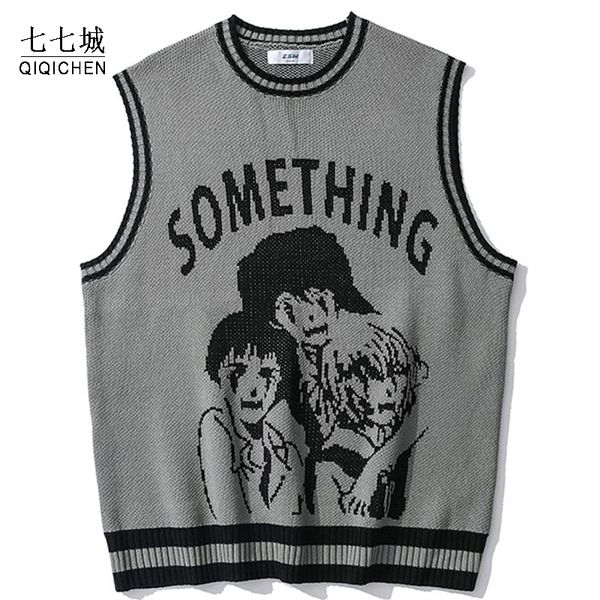 

men s vests college knitted vest sweaters men women street hip hop casual band cartoons anime pattern o neck sleeveless 230313, Black;white