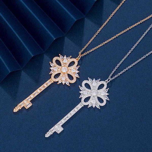 

high tiffay key necklace s925 sterling silver gold full diamond snow pendant simple and luxury sweater chain, Black
