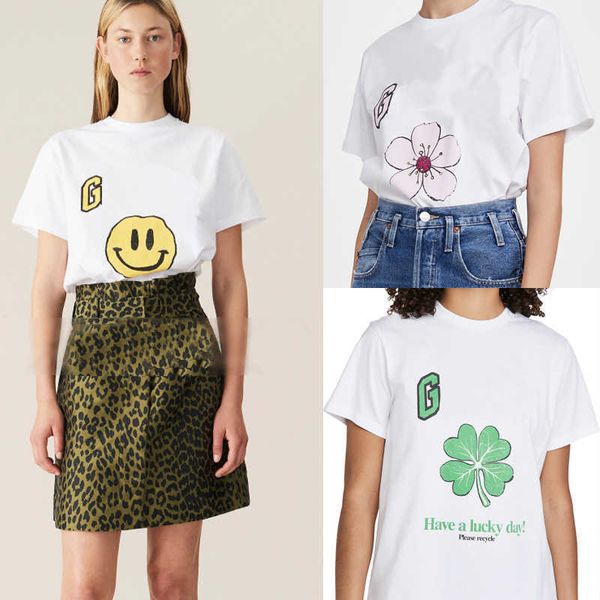 

ganni 23ss women designer t shirt four-leaf clover cherry smiling short-sleeved tees printed loose white top