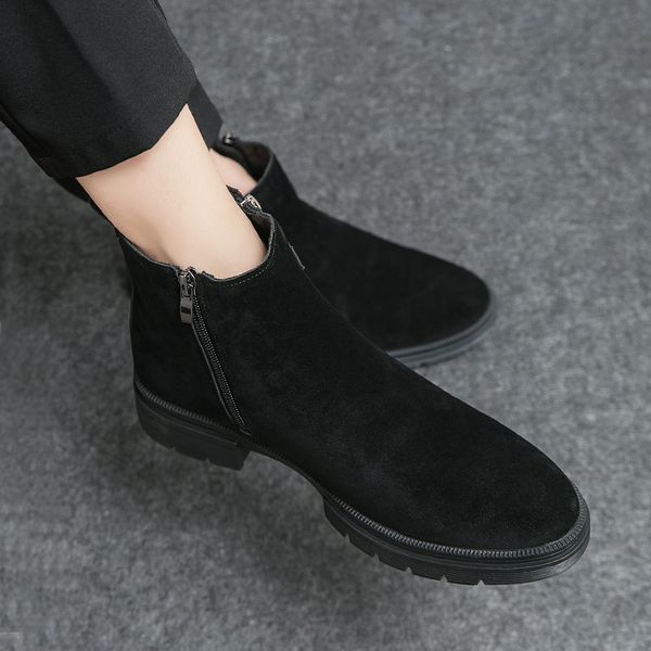 

thick bottom chelsea boots suede pointed fashion elegant business casual slip-on ankle boots retro original frosted men shoes, Black;white