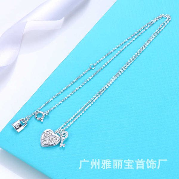 

versatile tiffay same full diamond heart necklace female fashion key small lock head love pendant collar, Black