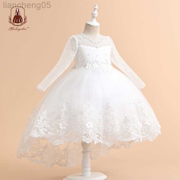 

girl's dresses yoliyolei long sleeve lace princess dress for girl birthday party tail children's dresses girl 3 to 9 years with pe, Red;yellow