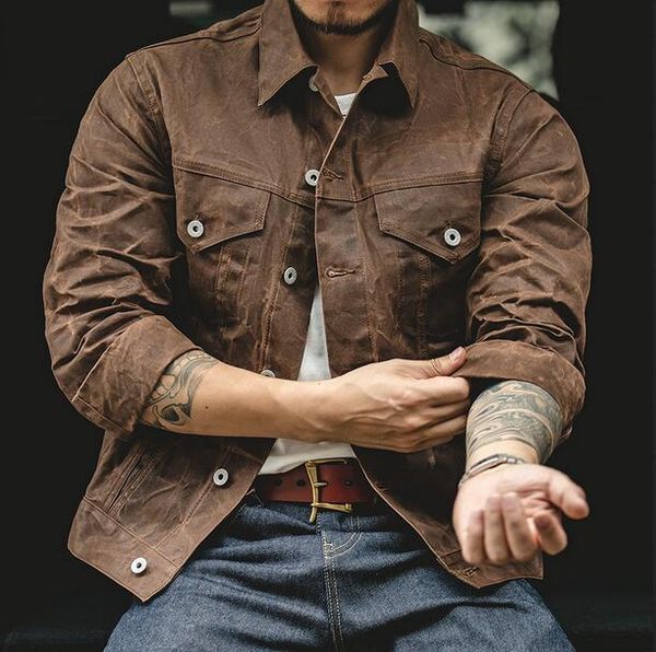 

maden amekaji retro male oil waxed jacket canvas cotton american retro huangshi men's canvas wax jacket amikaji wax coat men's coa, Black;brown