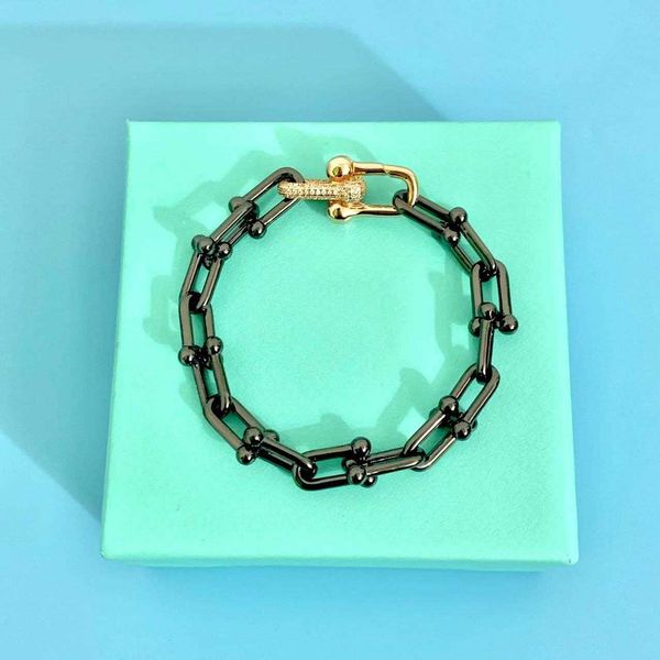 

luxury tiffay s925 sterling silver horseshoe buckle with diamond thick chain bracelet female ins gold versatile u-shaped, Black