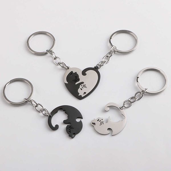 

keychains 2pcs puzzle cat keychain couple r animal matng keyring pendants valentine's day gift stainless steel heart key chain l230314, Silver