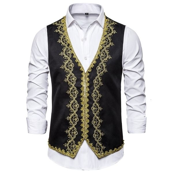 

mens vests stylish gold embroidery baroque vest men slim fit prince black vest waistcoat men stage prom drama opera costume gilet 230313, Black;white