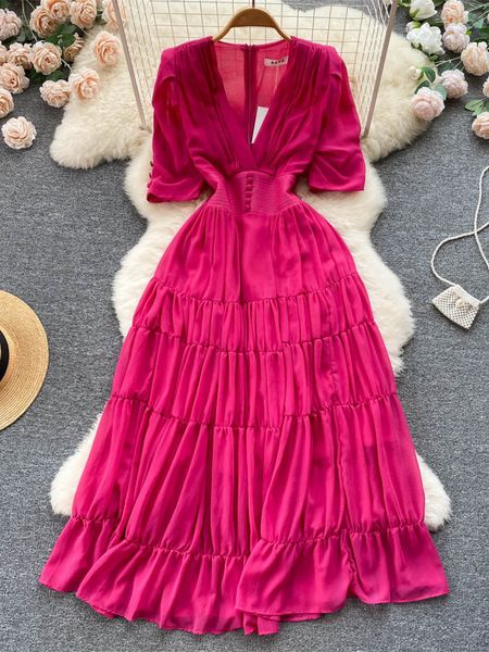 

party dresses fashion runway solid color summer chiffon dress women v neck buttons puff sleeve high waist folds party fairy swing maxi vesti, White;black