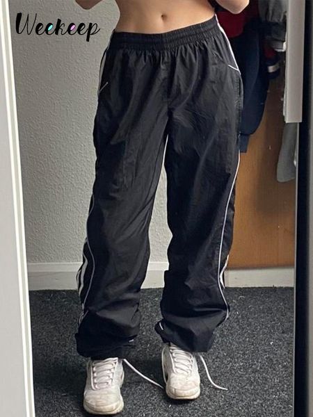 

womens pants capris weekeep black sweatpants elastic low waist straight sports jogging korean fashion streetwear casual for women basic 2303, Black;white