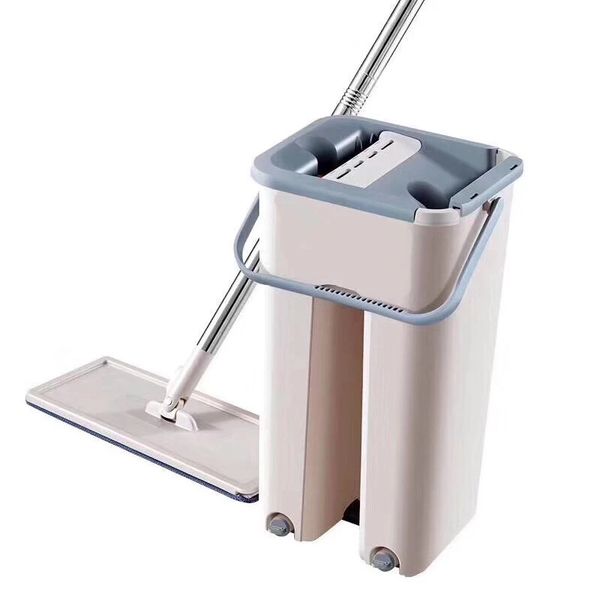 

new home and kitchen mop with bucket 360 degree rotation wringing hand washing magic flat mop dry wet usage 6pcs microfiber rag