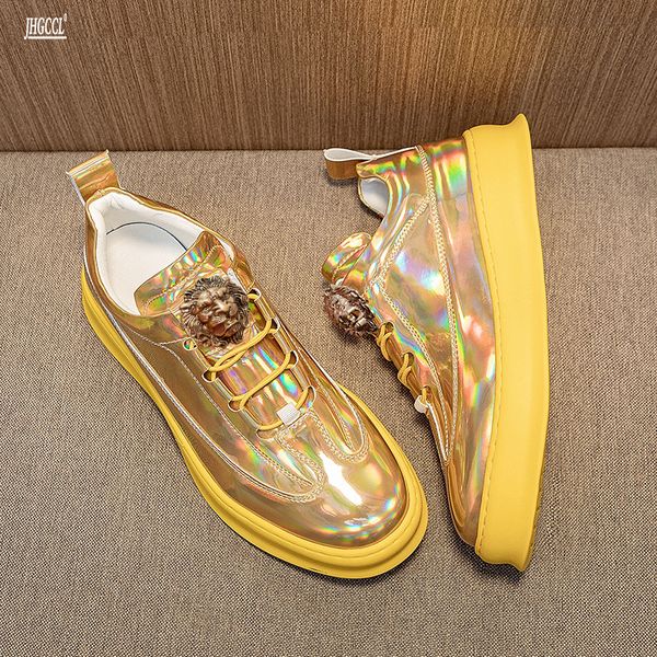 

men's dress four seasons foot set small white shoes casual shoes in help board shoes metal fluorescent gold cyan soft sole a3, Black