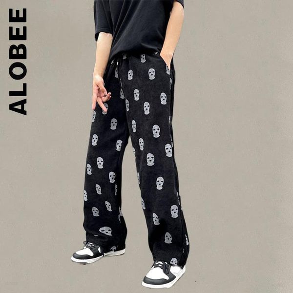 

mens pants alobee trousers pants fashion women wide leg chic skull full print preppy stylecorduroy pants harajuku baggy mujer female 230313, Black