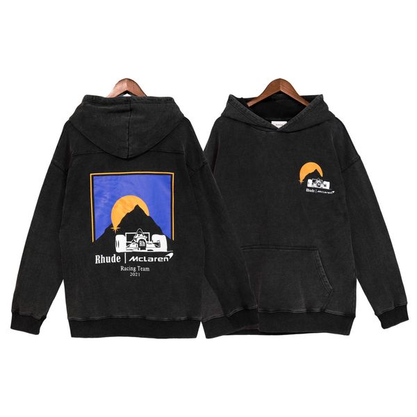 

s4s5 men's and women's high street hoodies sweatshirt fashion brand rhude sweater co racing sunset print hooded casual loose sweat, Black