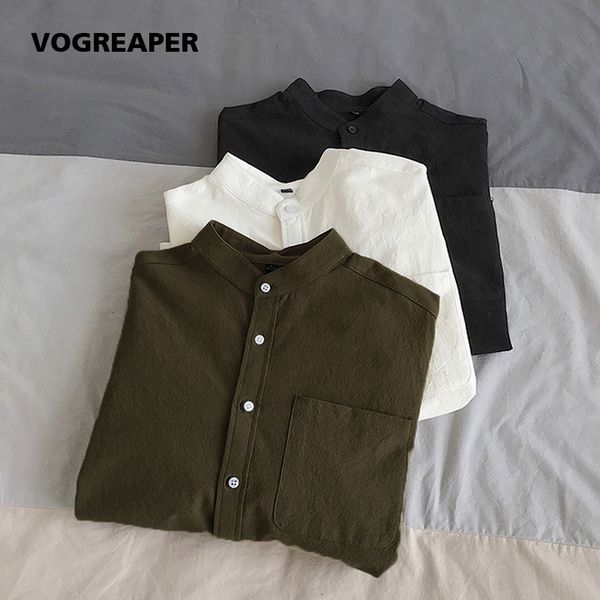 

men s casual shirts simple design solid colors long sleeve korean fashion mandarin collar 100 cotton white black shirt soft and comfort 2303
