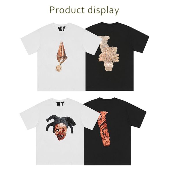 

designer fashion brand big v clown finger necklace big v print hip-hop mens and womens same casual round neck short-sleeved t-shirt, White;black