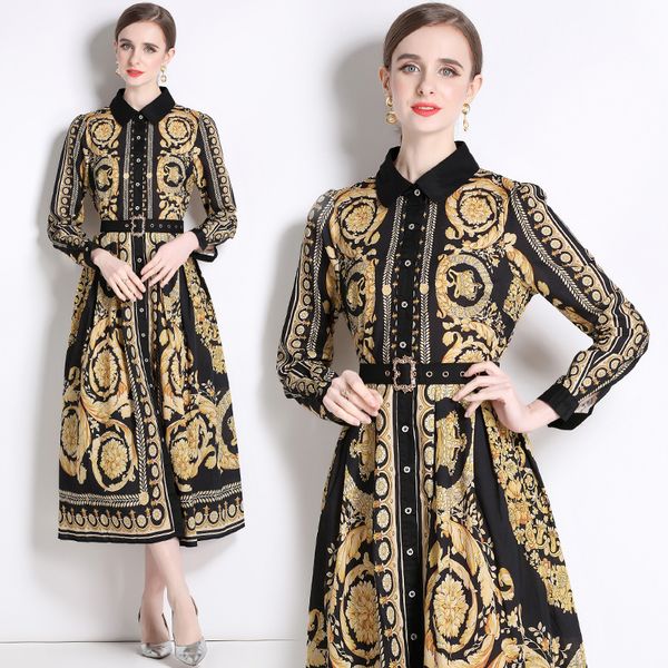 

luxury baroque print midi dress long sleeve 2023 women designer lace up bow shirt neck slim a-line dress office chic lady big swing frocks s, Black;gray