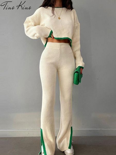 

women's two piece pants knit set women casual panelled side split trouser suits female spring crop sweater high waist ladies 230314, White