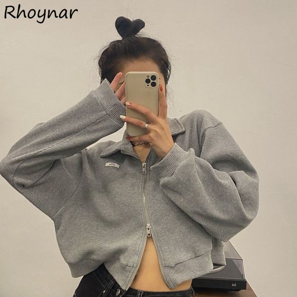 

womens hoodies sweatshirts women zipper turndown collar solid cropped loose streetwear harajuku casual allmatch stylish female vintage cozy, Black