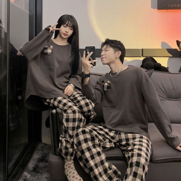 

women's sleepwear qweek cotton sleepwear couple plaid pants pajama women autumn pyjama 2 piece bedroom set pijama long sleeve loungewea, Black;red