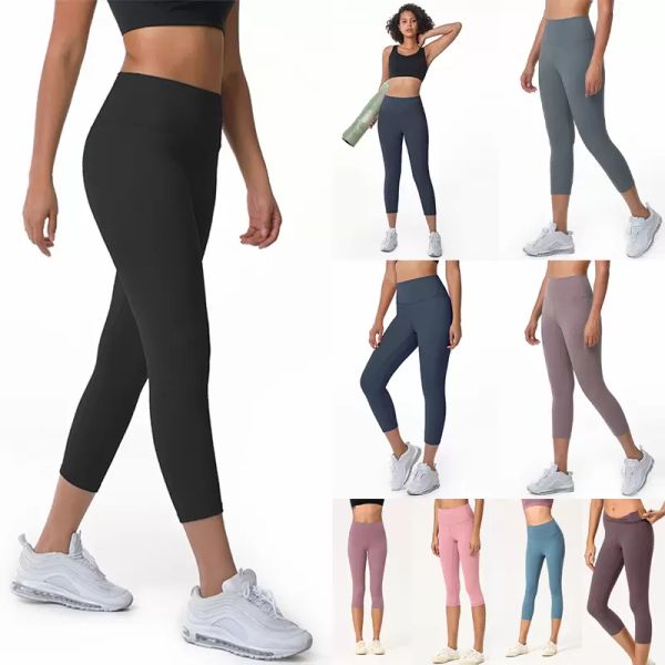 

womens womens leggings cropped yoga pants fitness double sided brushed nude skin friendly high waist and hip tight running capris workout gy, Gray