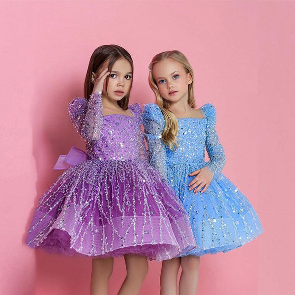 

luxury flower girls dresses for weddings long sleeves sequined pageant birthday gowns with beaded rhinestone designer frist holy communion d, White;blue
