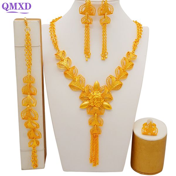 

wedding jewelry sets trendy nigerian dubai gold color jewelry set for women tassel long chain bridal long necklace bracelet earring ring wed, Slivery;golden