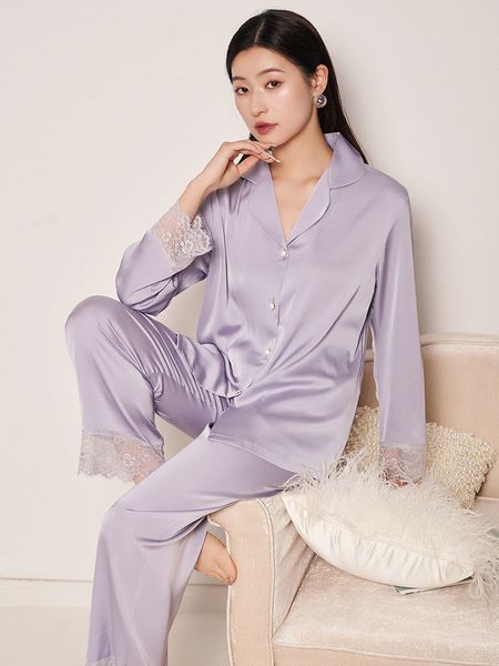 

women's sleepwear crlaydk spring women's pajamas silk back lace cut-out lungewear button down sleepwear silkly long sleeve nightwe, Black;red