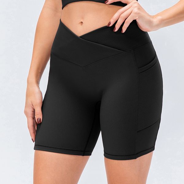 

ll yoga shorts ribber women's sports seamless cross waist pants running fitness stretchy gym underwear workout short leggings ll7851