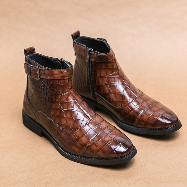 

british chelsea boots retro men boots men motorcycle boots casual shoes male fashion buckle design luxury man leather boot, Black;white