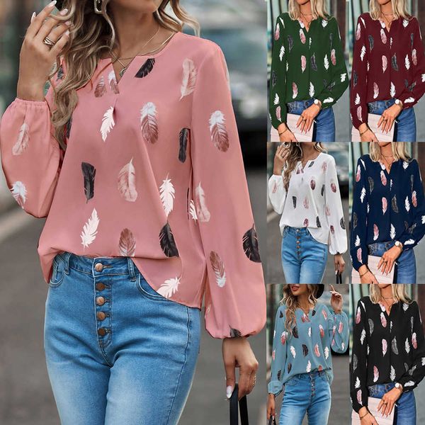 

autumn and winter 2023 new women's v-neck feather print long sleeve loose t-shirt women's top, White