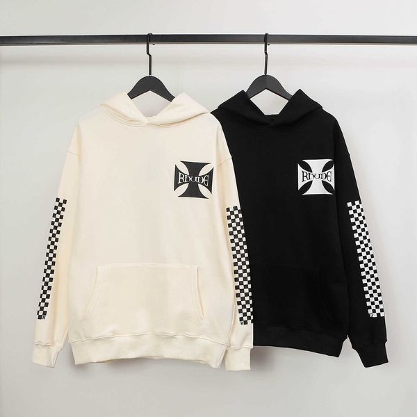 

psle men's and women's high street hoodies sweatshirt fashion brand rhude version checkerboard printed loose casual hooded sweater, Black