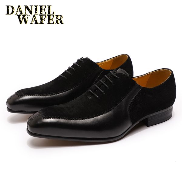 

luxury mens oxford calf leather and suede lace-up pointed toe office wedding dress shoes business office formal shoes for men, Black;white