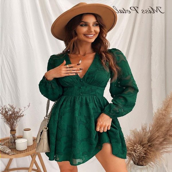 

casual dresses miss petal plunge a-line mini dress woman green long sleeve party dress spring autumn female sundress 230313 uotnb, Black;gray