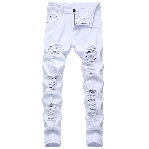 

men s jeans straight hole destruction trousers distressed men denim fashion designer brand white pants male large size 230313, Blue