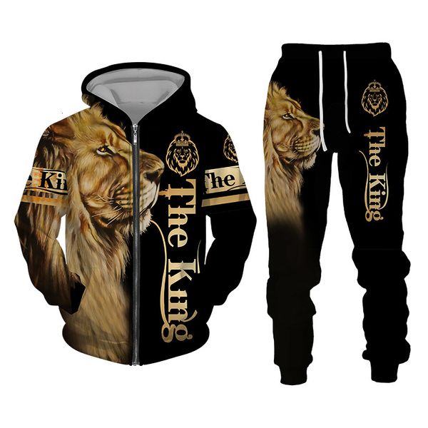 

men's tracksuits autumn and winter men's tracksuit 3d the lion print zipper hoodies sweatshirts pants sets casual mens clothing wo, Gray