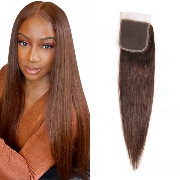

malaysian human hair 4x4 lace closure medium brown 4# straight closures 12-20 inch, Black;brown