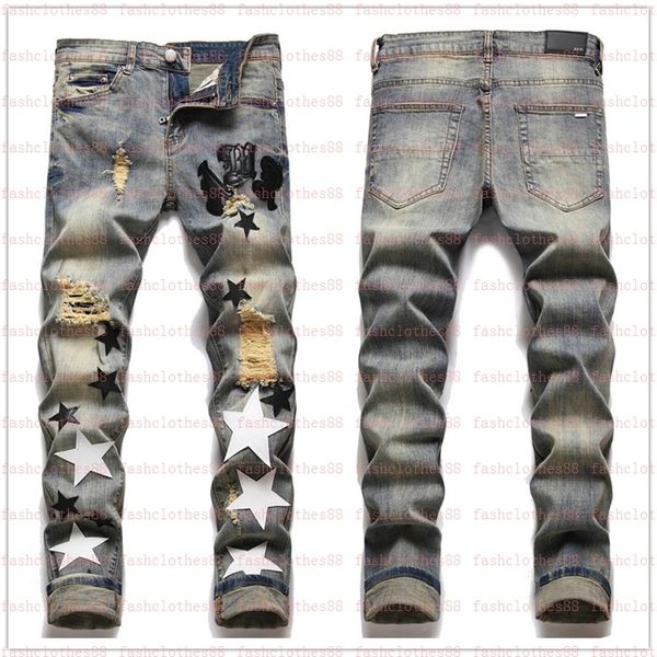 

men's jeans designer european jean hombre letter star men embroidery patchwork ripped for trend brand motorcycle pant mens skinny 8i70r, Blue