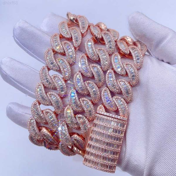 

20mm rose gold baguette cut vvs moissanite diamond hip hop iced out men cuban chain necklace, Silver