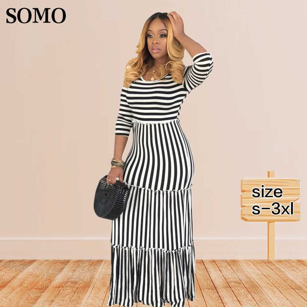 

plus size dresses women clothing summer dress 3xl round neck striped long sleeve commuting fashion loose wholesale dropshipping 230307, Black