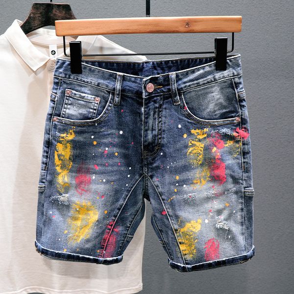 

men's shorts printed denim men summer straight graffiti five-point pants knee length fashion paint point streetwear male jeans 230314, White;black