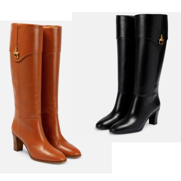 

winter women's boots fashion brand horsebit shoes calfskin knee-length boots elegant women's high-heeled boots show women's c, Black