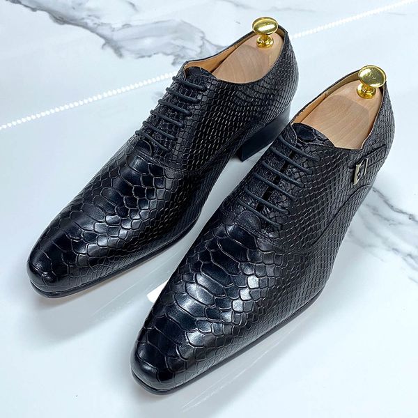 

luxury mens wedding oxford shoes black brown genuine leather snake print men's dress shoes lace up business formal shoes for men, Black;white