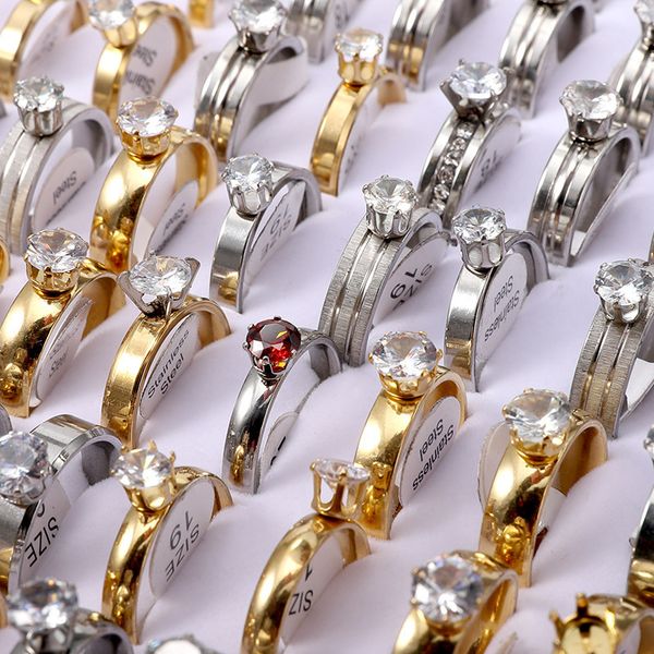 

solitaire ring 20pcslot fashion colorful zircon steel stripe ring jewelry for men women lover mix style gift 230313, Golden;silver