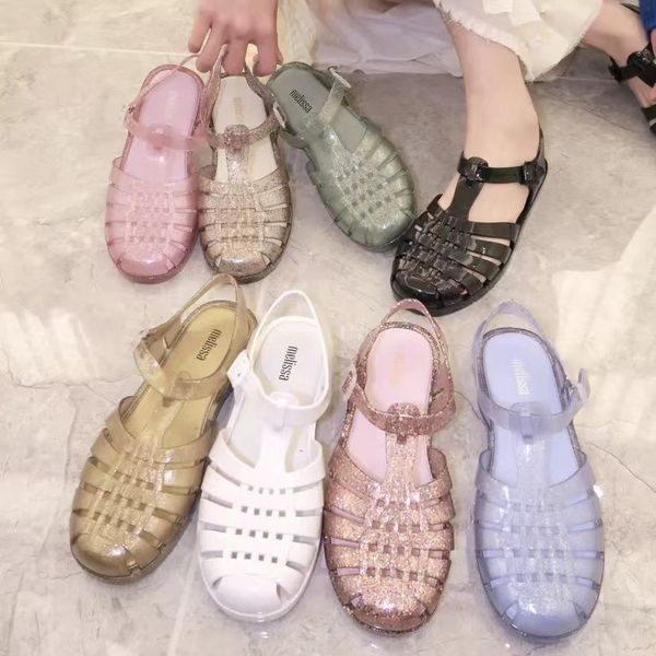 

2023 melissa jelly shoes glitter clear sandals roman strappy sandals sports flip flops slip on mule closed toe slippers beach pool slides an, Black
