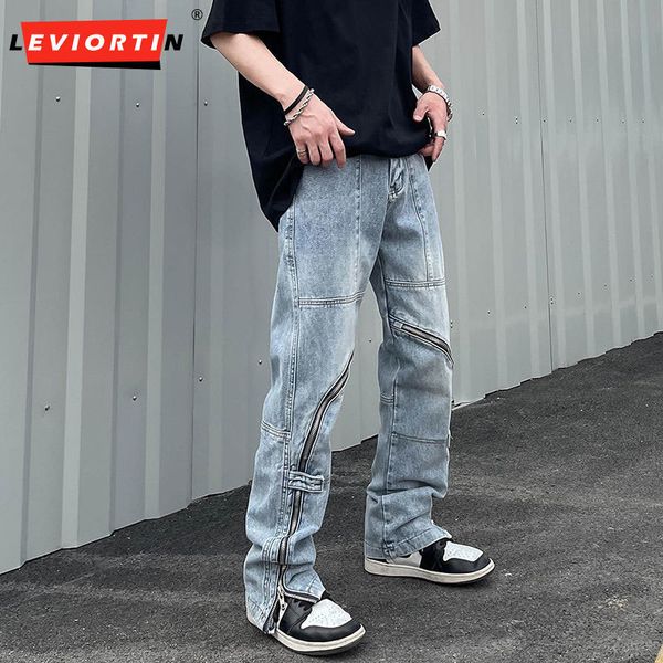 

mens jeans high street zipper decorated split jeans pants mens american hip hop man loose straight micro horn denim trousers y2k 230313, Blue