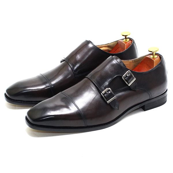 

genuine leather monk strap mens shoes double buckle luxury design slip on wedding party office solid cap toe dress shoes for men, Black;white